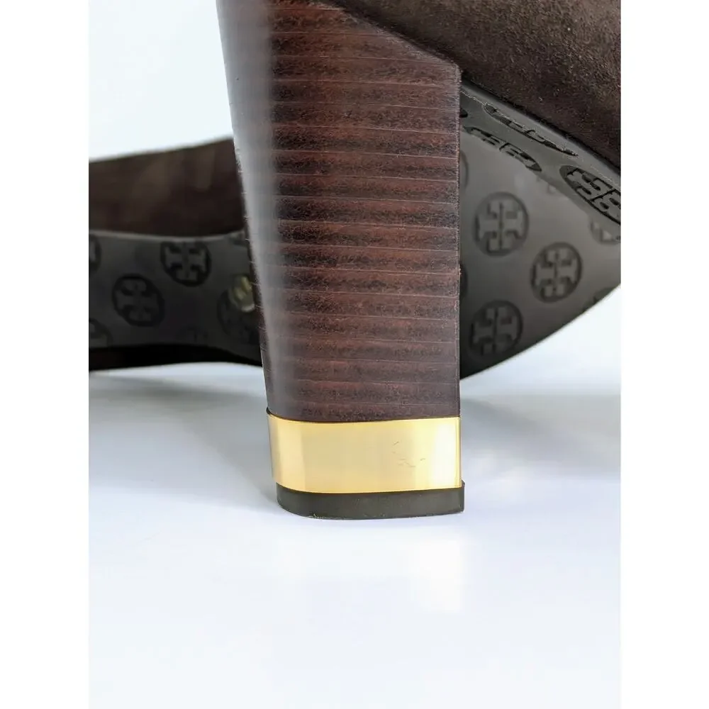 Tory Burch Maddie Pump 9.5 Brown Suede Block Heel Gold Logo Medallion Double T